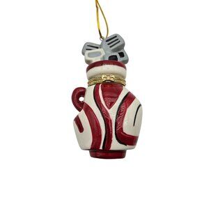 Golf Bag Christmas Ornament Hinged Trinket Box With Lid Red/White Porcelain 4"